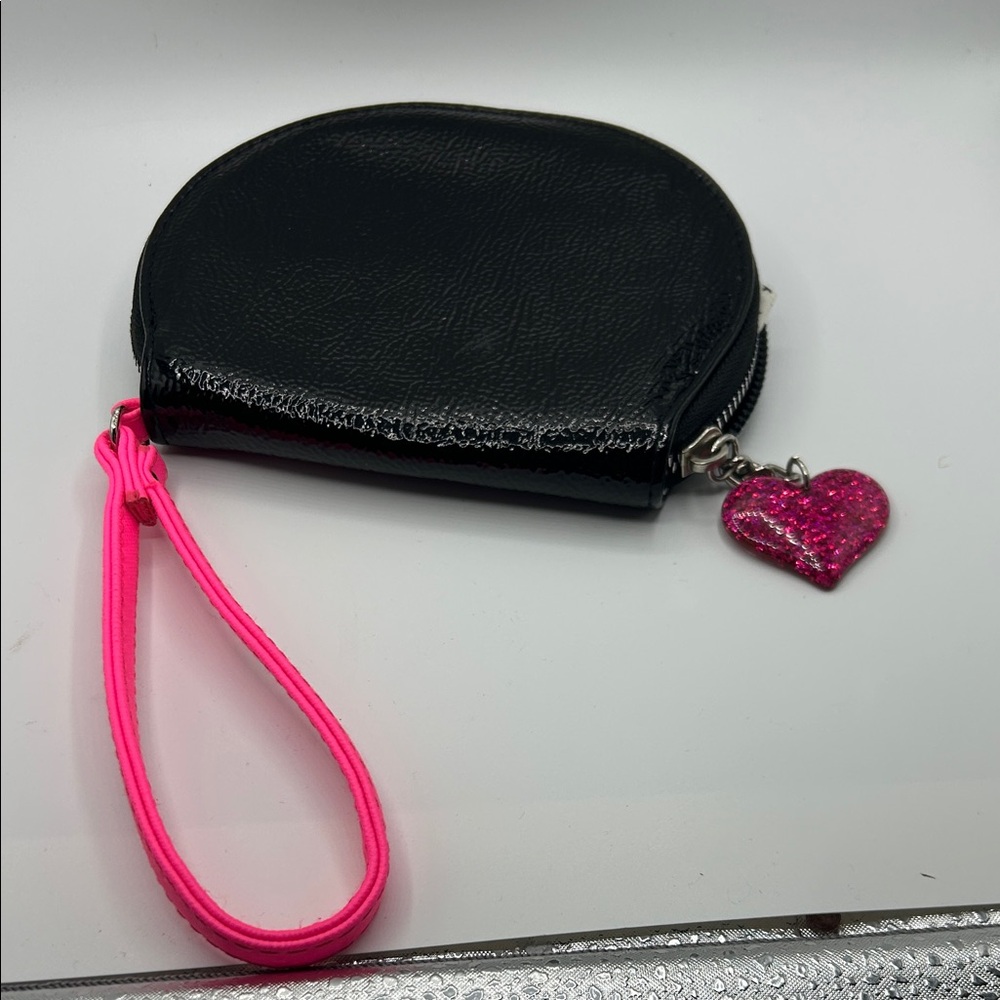 Black Kids clutch wallet with hot pink and pink heart pendant